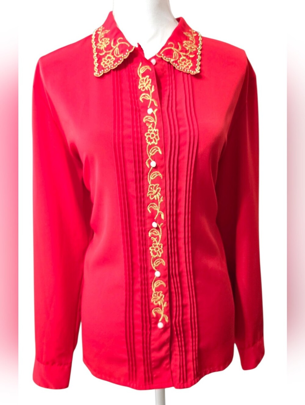 Vintage Apparenza Red Button-Down Blouse with Gold Embroidery
